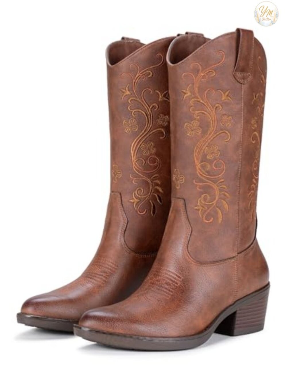 Women's Embroidered Mid Calf Western Cowgirl Boots Faux Leather Pull On Block